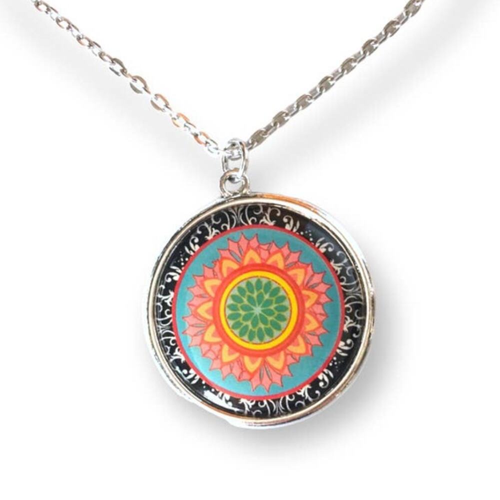 Reversible medallion pendant necklace - 2 in 1, black rainbow & green mandala